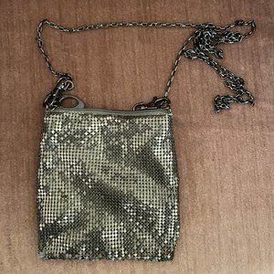 Small metal mesh purse with long chain.